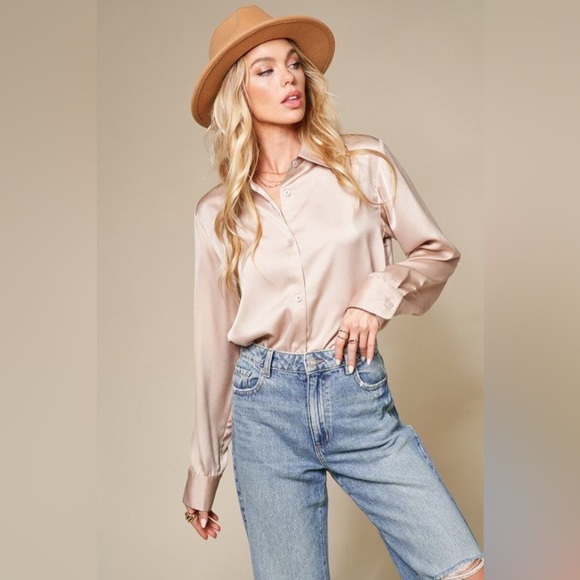 Satin Button Down Nude Black Neutral - Picture 2 of 9